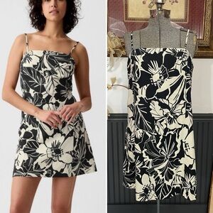 Gap Black & Cream Floral Linen-blend 90s Inspired Mini Dress Sz M 💚🎀